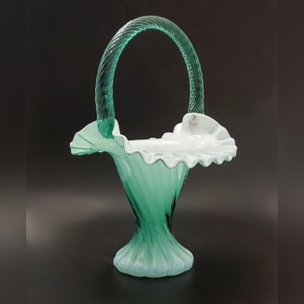 1998 Fenton 10 1/2" Opic Swirl Spruce Green Overlay White Crimped Edge Basket
